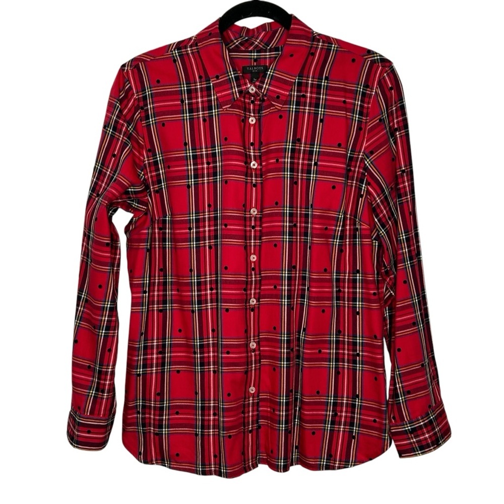 Talbots Red Plaid W/Black Polka Dots Long Sleeve Collared Button-Ip Shirt Sz LP